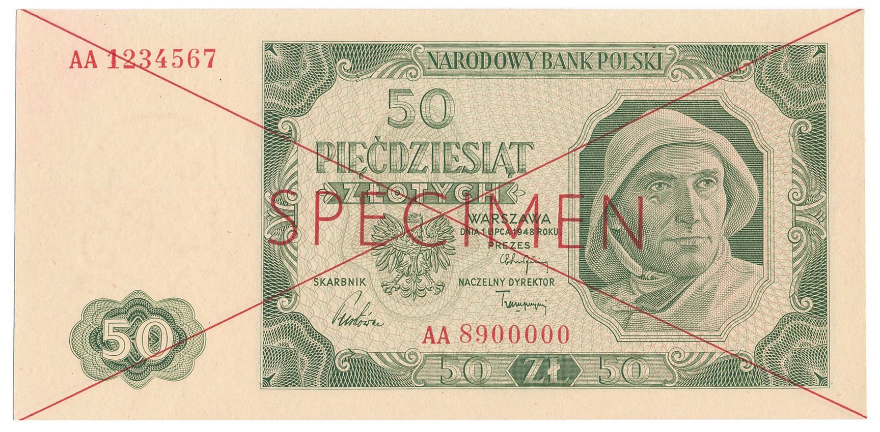 Banknot. WZÓR / SPECIMEN 50 złotych 1948 seria AA - RZADKOŚĆ R6